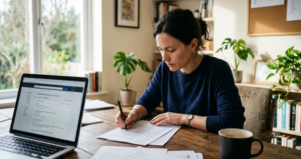 Healthcare worker reviewing a CV with a laptop and notepad on a desk